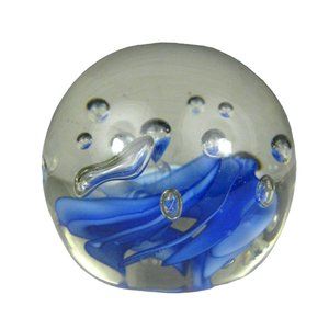 Art Glass Paperweight Blue White Control Bubble Clear Size 2 inch Desk Top Decor